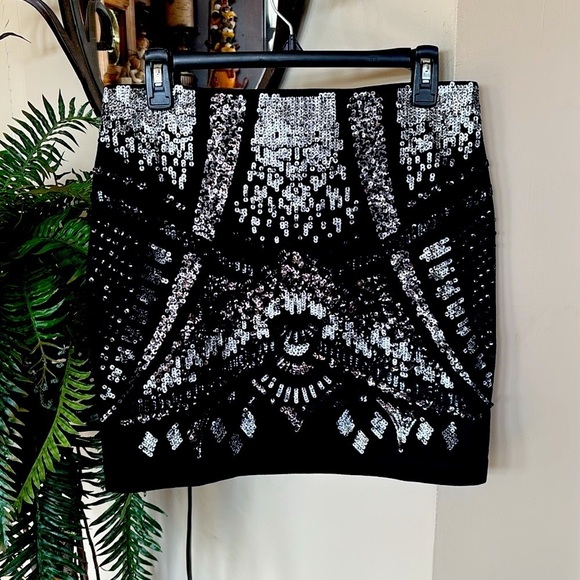 NWOT Express Black Mini Skirt Metallic Gray & Silver Tone Sequins Cotton Stretch - Picture 12 of 12